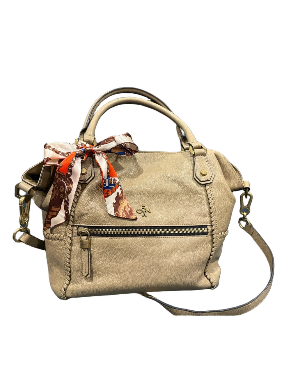 Oryany Pebbled Leather Satchel Crossbody Bag Beige/Taupe Whipstitch EUC